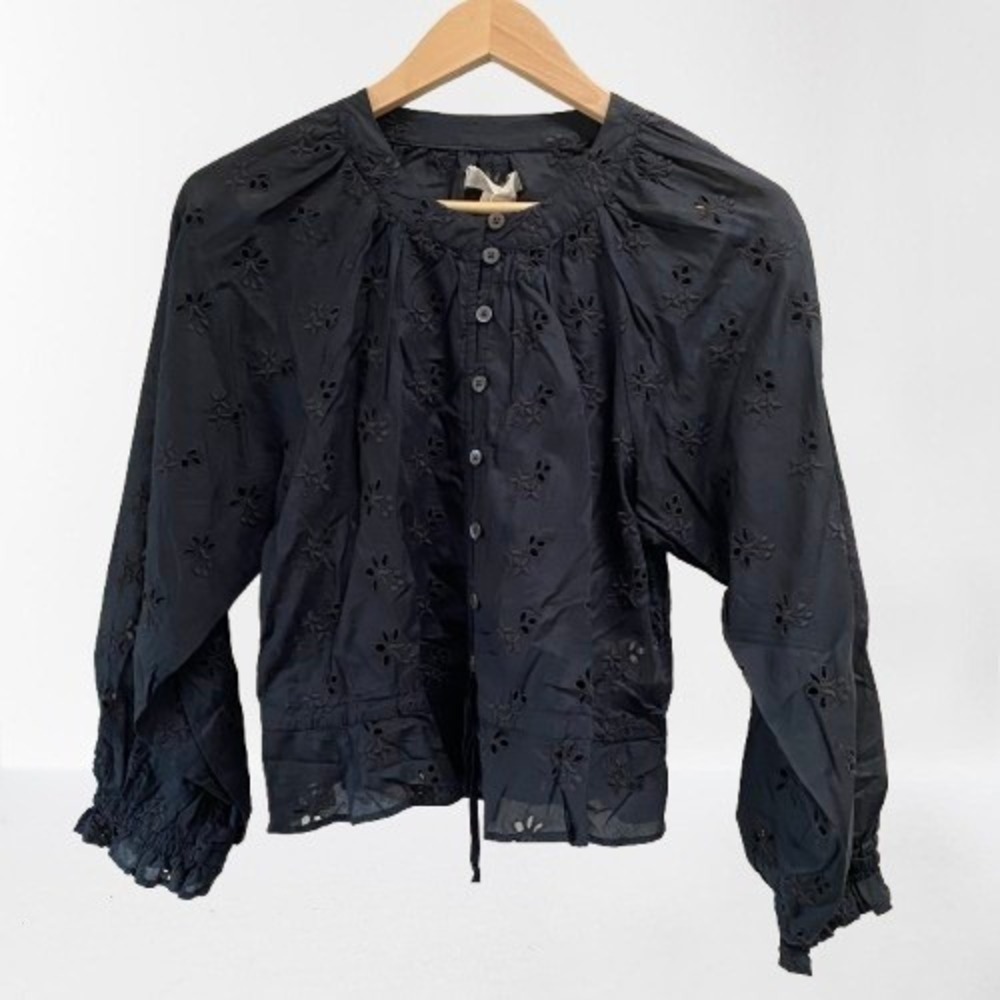 Outerknown Poet Blouse Top Black Eyelet Organic Cotton Casual Peplum NEW‎ XS - Picture 3 of 6
